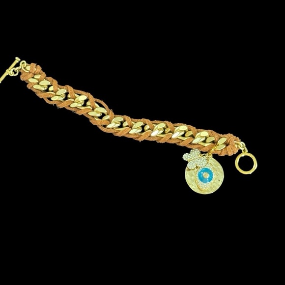 CN leather and gold tone evil eye butterfly toggle bracelet - Picture 1 of 7